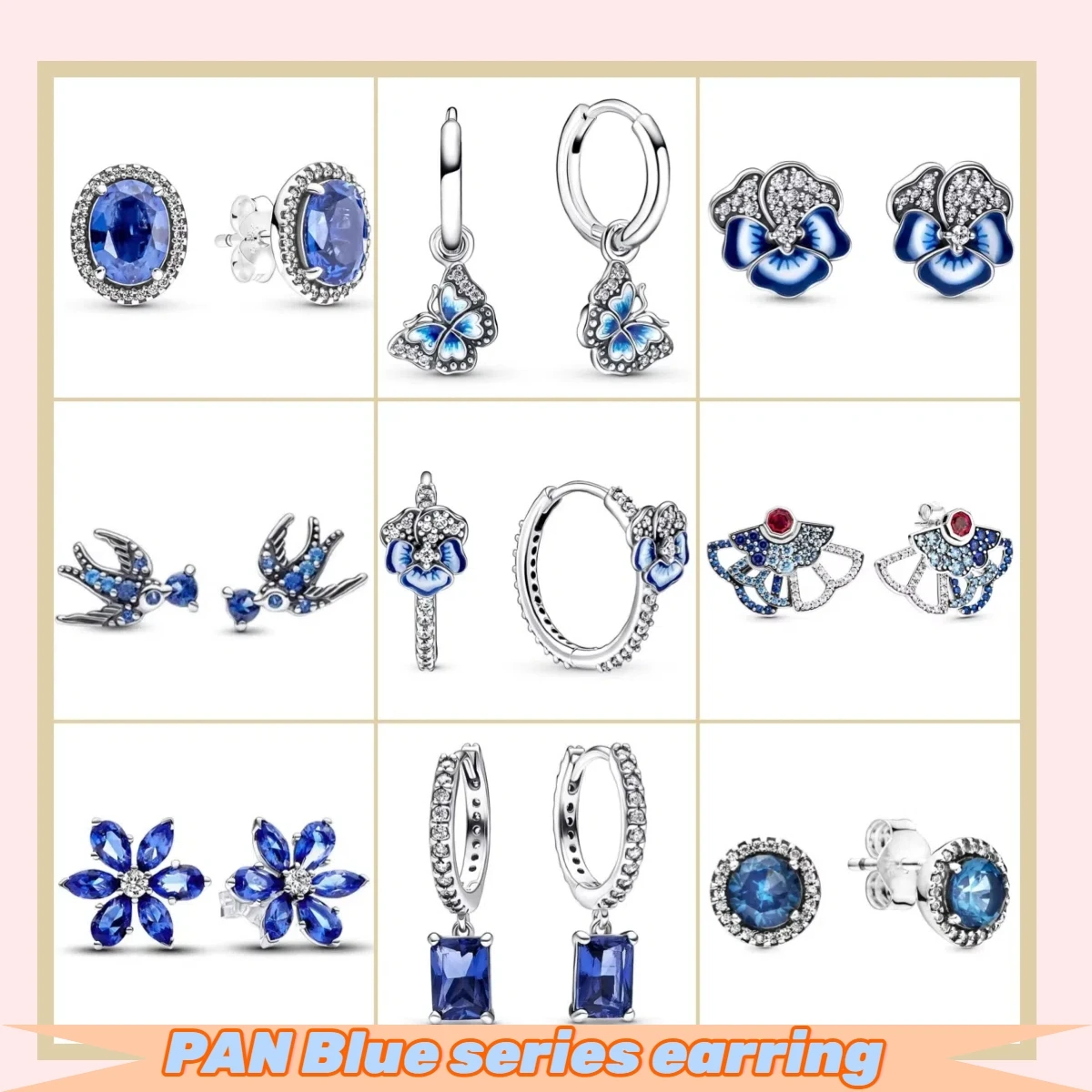 S925 silver fashion design PAN earrings original high quality blue color series flowers and birds round diamond elements multipl