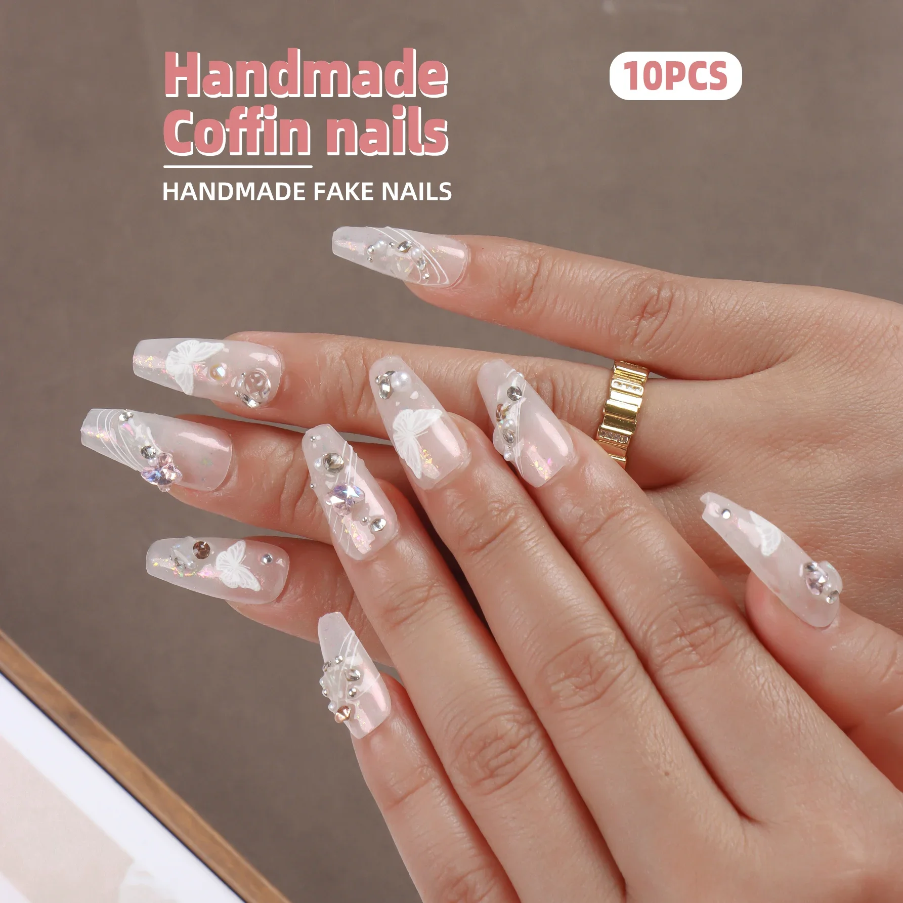 

Translucent Multi Element Press on Nails Light Luxury Fashion Acrylic White Butterfly False Nails Reusable Nail Salon Essential