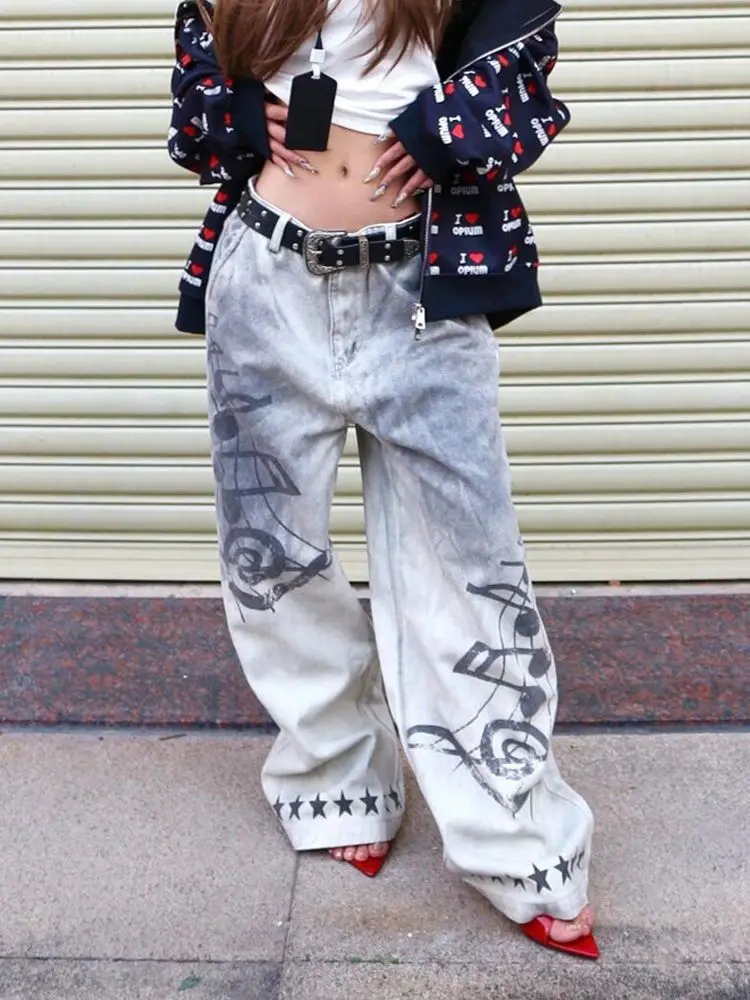 

Deeptown Vintage Graphic Print Washed Women Jeans Y2k Harajuku Wide Leg American Style Denim Pants Baggy Gyaru Punk Streetwear