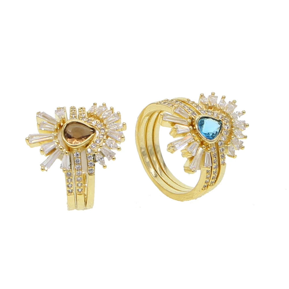 Elegant Women Jewelry Ring Set Of 3 Pcs Blue Coffee Color Geometry Cz Tear Drop Delicate Women Ladies Trendy Geometric Cute Ring