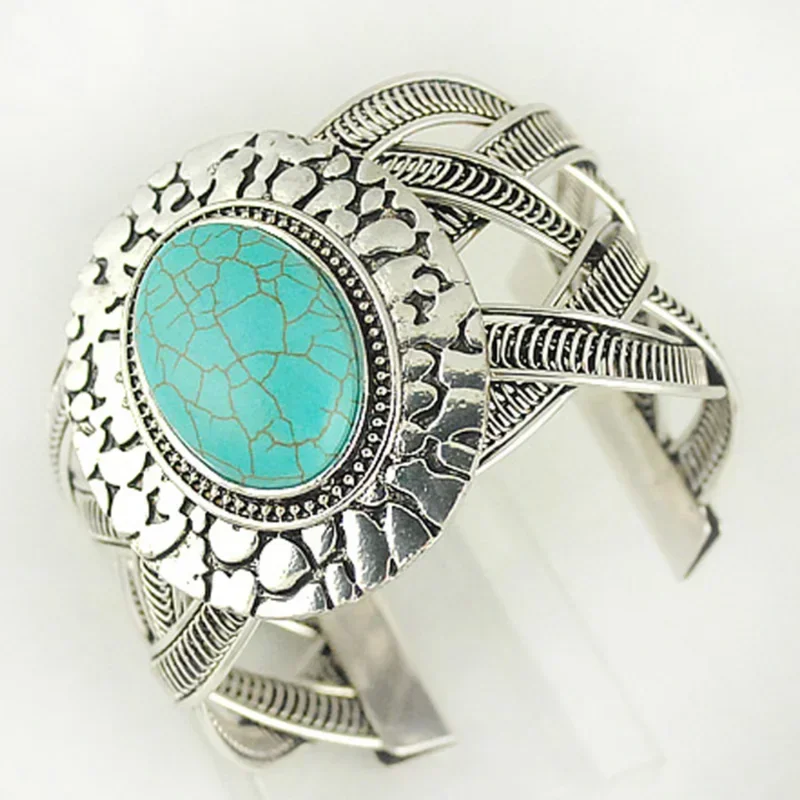 Vintage Ethnic Style Turquoise Bracelet for Women Open Wide Wrap Antique Silver Color Bangle Bracelets Boho Woman Accessories