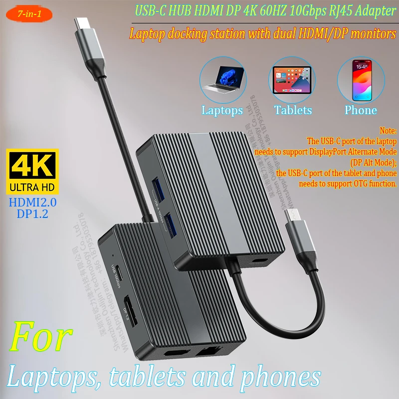 

USB-C HUB 4K 60HZ USB3.2 10Gbps RJ45 PD100W Adapter Laptop docking station with dual HDMI/DP monitors for MacBook Dell Lenovo HP