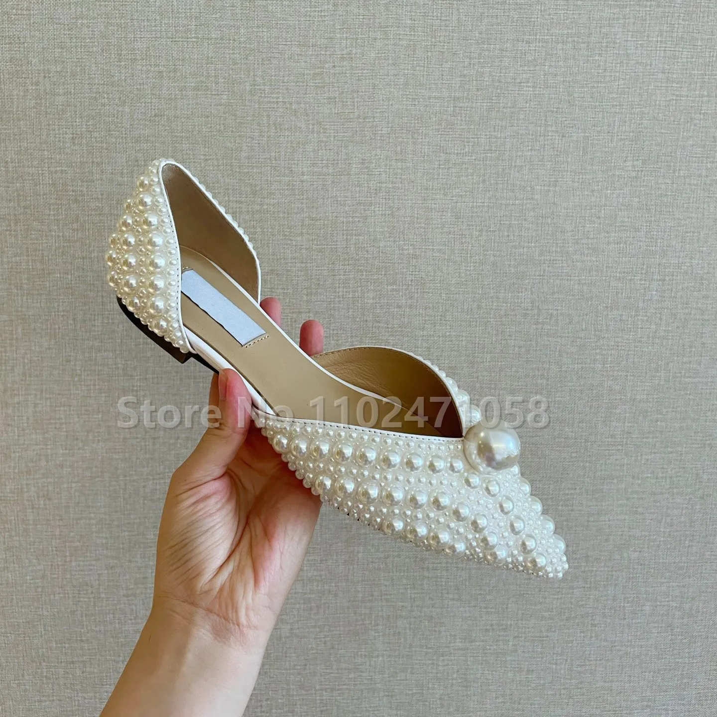 Zapatos de tacón de punta estrecha de perlas de lujo para mujer, zapatos planos sin cordones, decoración de cristal ostentoso, pasarela, boda, novia, moda