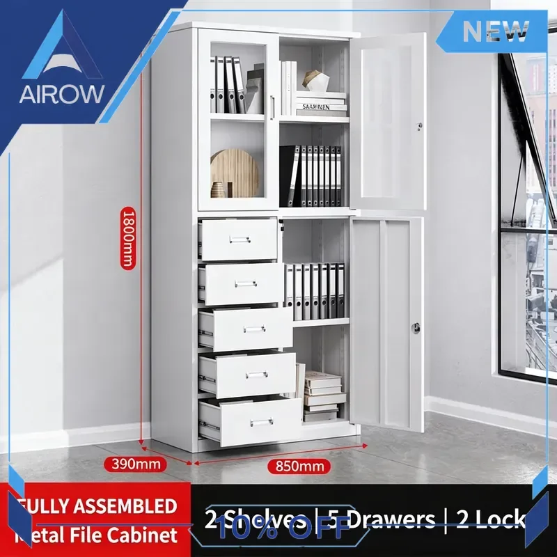 for Steel Filing Cabinet 5 Drawer Metal Frame Glass Sliding Door Office Finance Document Storage Home Business Organizer