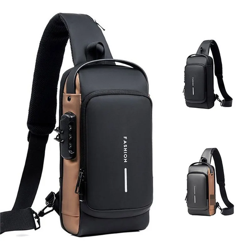 Travel Shoulder Briefcase Bag Men Password Lock Motorcycle Bag Waterproof Sports Chest Bag Anti-theft Crossbody Bag USB Charging