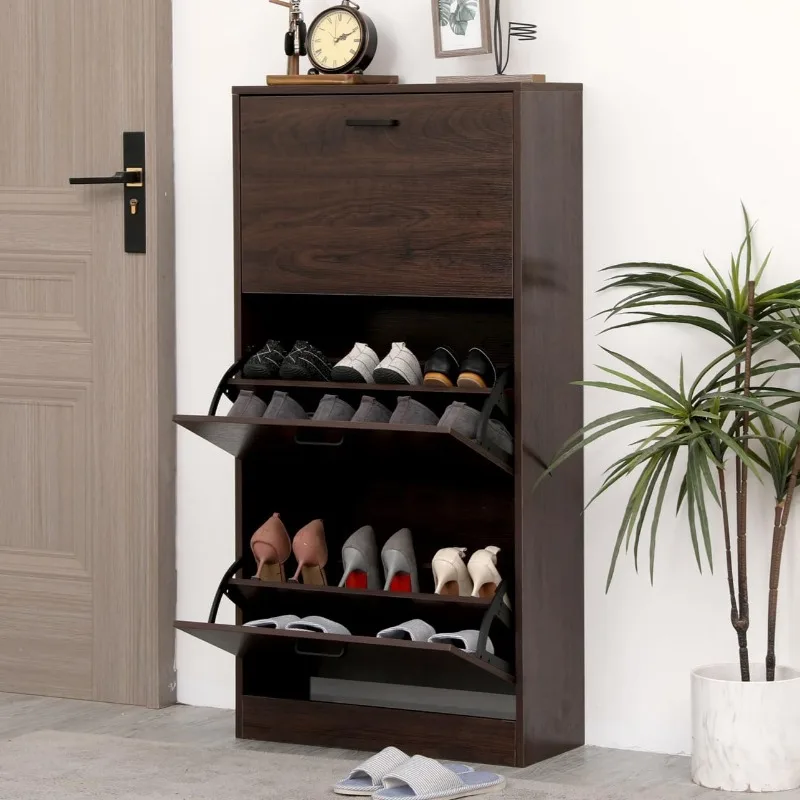 Shoe Cabinet with 2 Flip Drawers, White Freestanding Storage Racks for Entryway Hidden Narrow Shoe Organizers Perfect