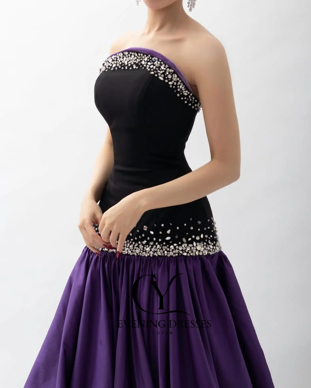 CUYUN Zwart en paars formele avondjurk met kralen op maat gemaakte A-lijn strapless lange galajurken patchwork feestjurken