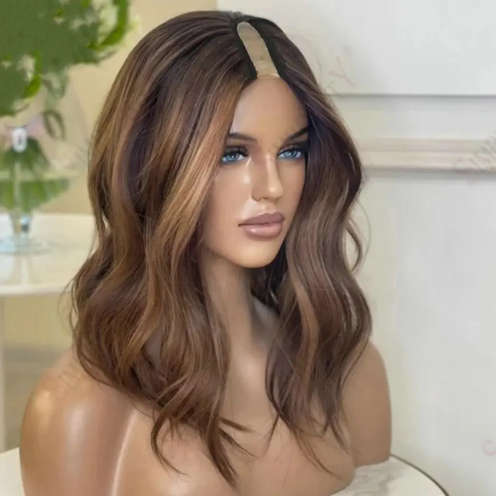 Natürliche Wellen, 1x4-Größe, U-Teil-Perücke aus Echthaar für Damen, einfach anzuziehen, mit honigbraunen Highlights, klebefreie V-förmige Perücke aus Echthaar mit Clips. – Detail 2