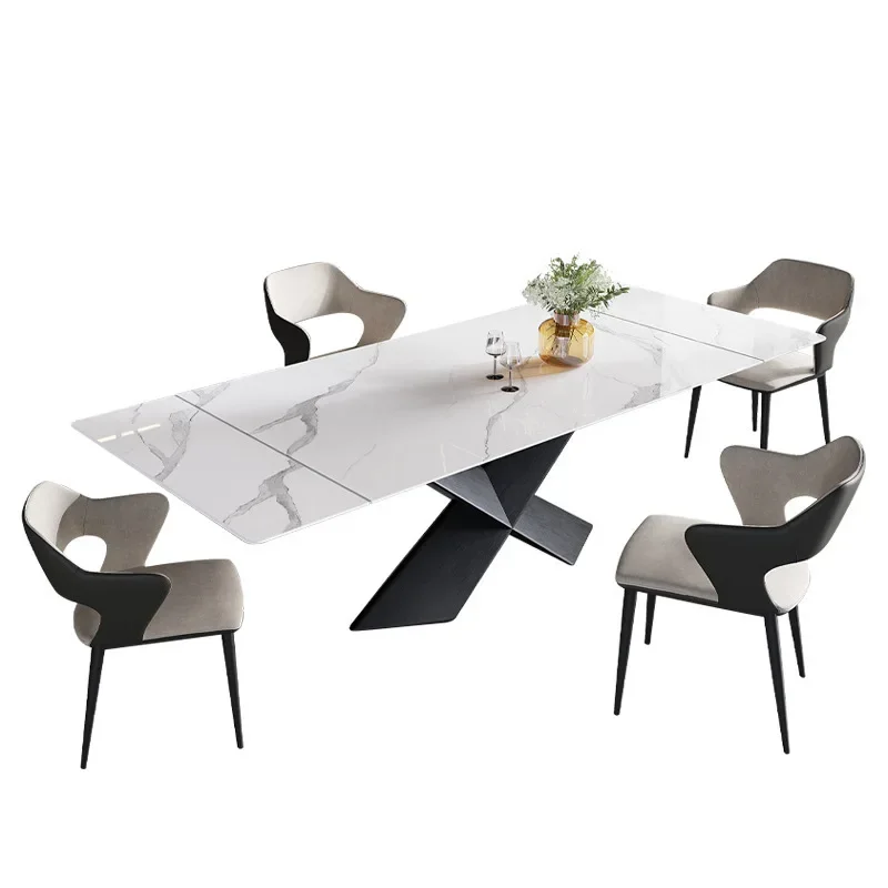 Slate dining table and chair combination can be retracted and pulled to extend the family dining table