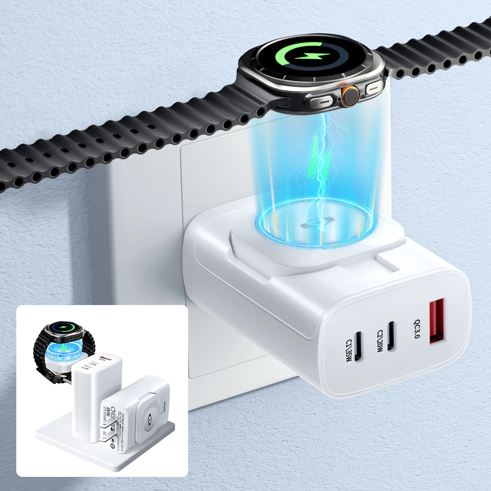 

Oatsbasf 4-в-1, 45 Вт, магнитные часы, беспроводное зарядное устройство, адаптер для Apple/Samsung Watch, адаптер питания с вилкой США, Великобритании, ЕС