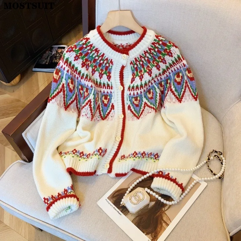 Fair Isle Jacquard Knit Cardigan Sweater Women Loose Stylish Chic Ladies Tops Coats Long Sleeve O-neck Elegant Jumpers 2025