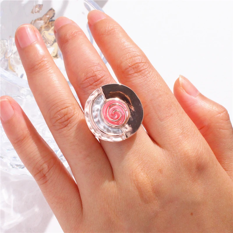 HangZhi Vintage Round Colorful Rose Wheel Large Ring Statement Elastic Adjustable Chunky Enamel Jewelry 2024 New