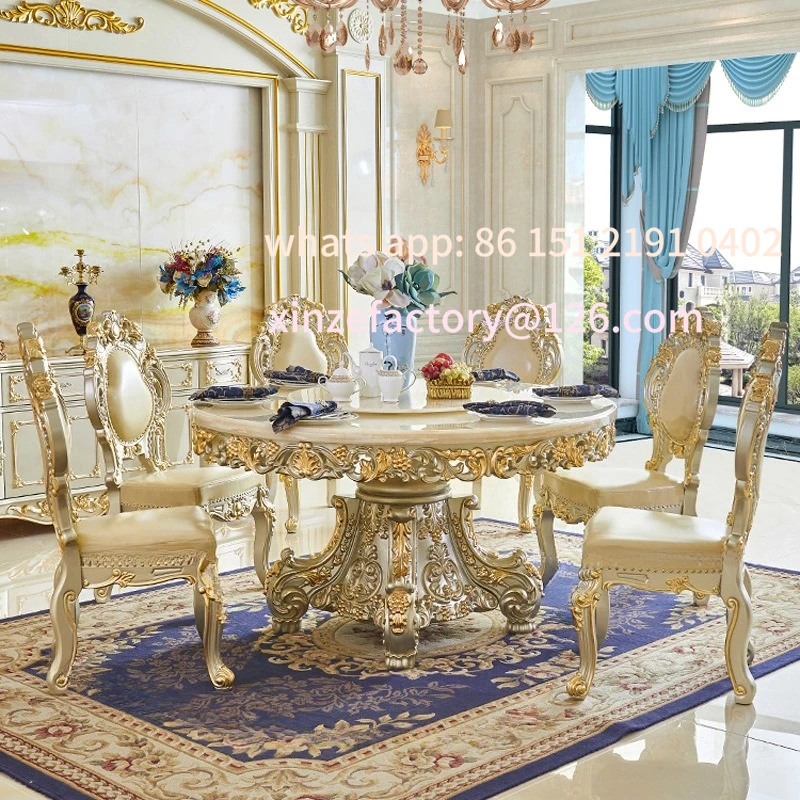 

Customizable European round marble dining table hand carved solid wood dining table French villa chair leather dining chair