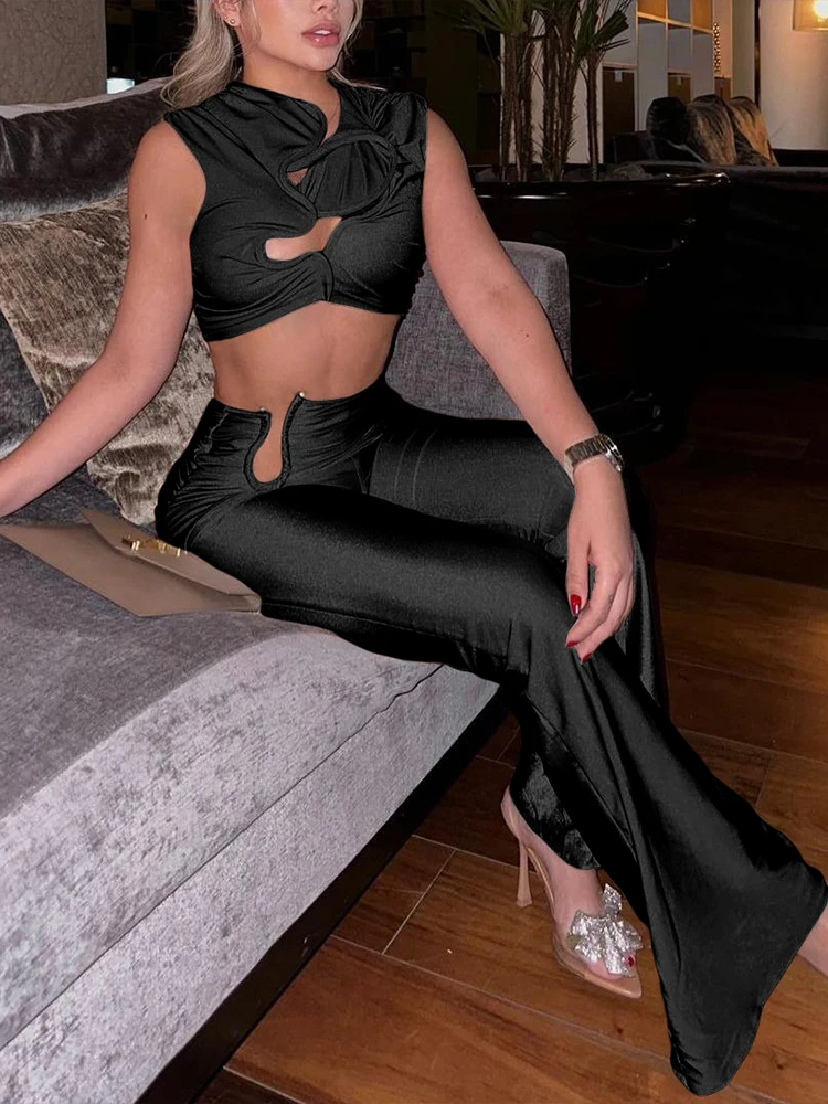 Conjunto liso de 2 piezas para mujer, moda de verano, Tops cortos irregulares + Pantalones rectos de medianoche, trajes de fiesta de Club de moda