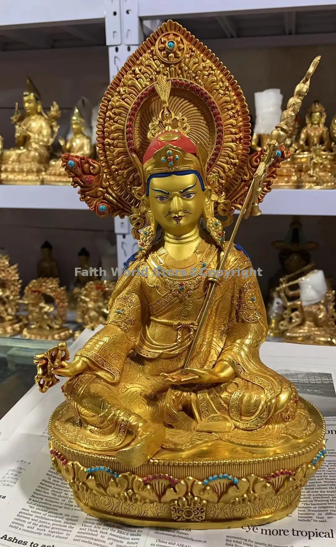 Padmasambhava Guru Rinpoche Buddhist worship Boutique handmade Buddha statue figure of the Buddha copper gilding 13inch Buddhism