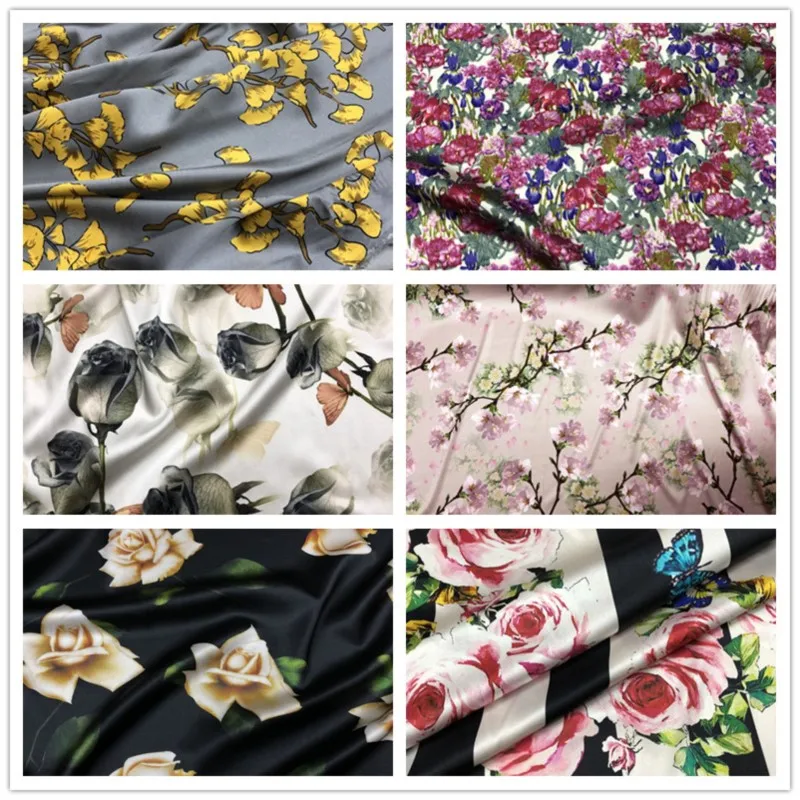 

19momme Silk Satin fabric elastic plant flower picture 108cm wide cheongsam skirt