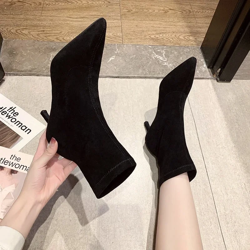 2024 Luxury Women Beige Black Sock Boots Stiletto Thin High Heels Elastic knitting Boots Winter Stretch Fabric Boots Plus Size