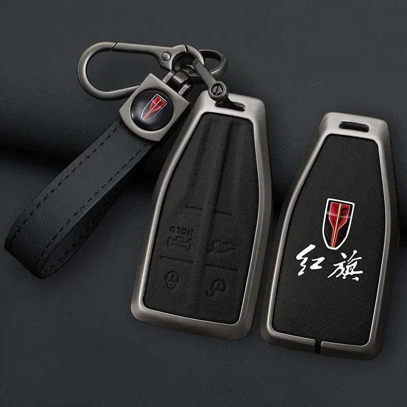 

For Hongqi HS5 H5 H9 HS7 H7 L5 HS3 L9 2024 - Zinc Alloy Leather Car Key Cover Case Bag + Keychain Anti-Scratch