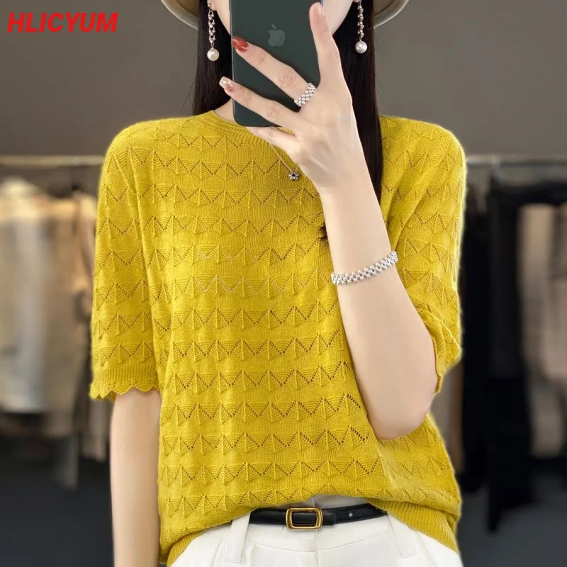 

Women's T-shirt 2023 New Wool Short Sleeve Casual Solid Color Knit Tees Round Neck Ladies Tops Hollow Loose Blouse