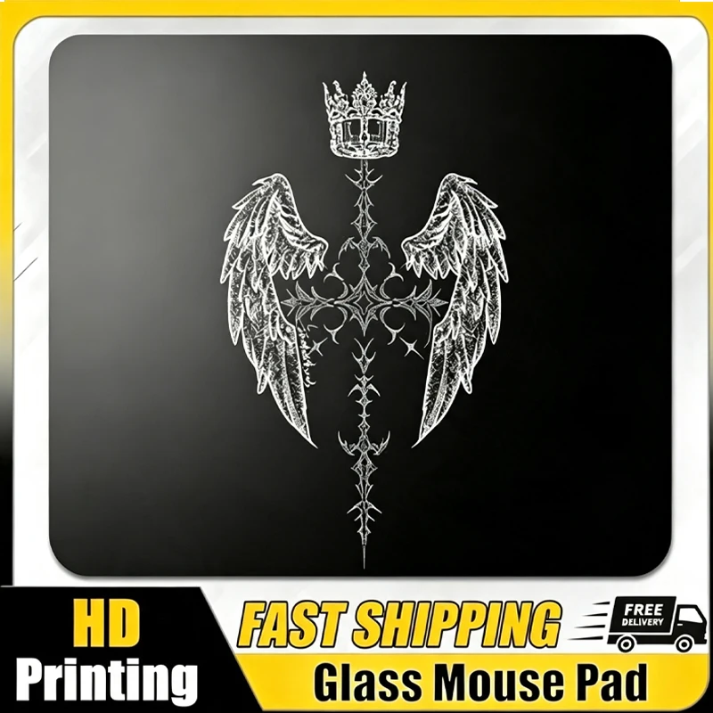 Black White Gothic Retro Angel Wings Glass Gaming Mouse Pad For FPS Smooth Frosted Surface Desk Mat Tempered Upgrade Office Pad