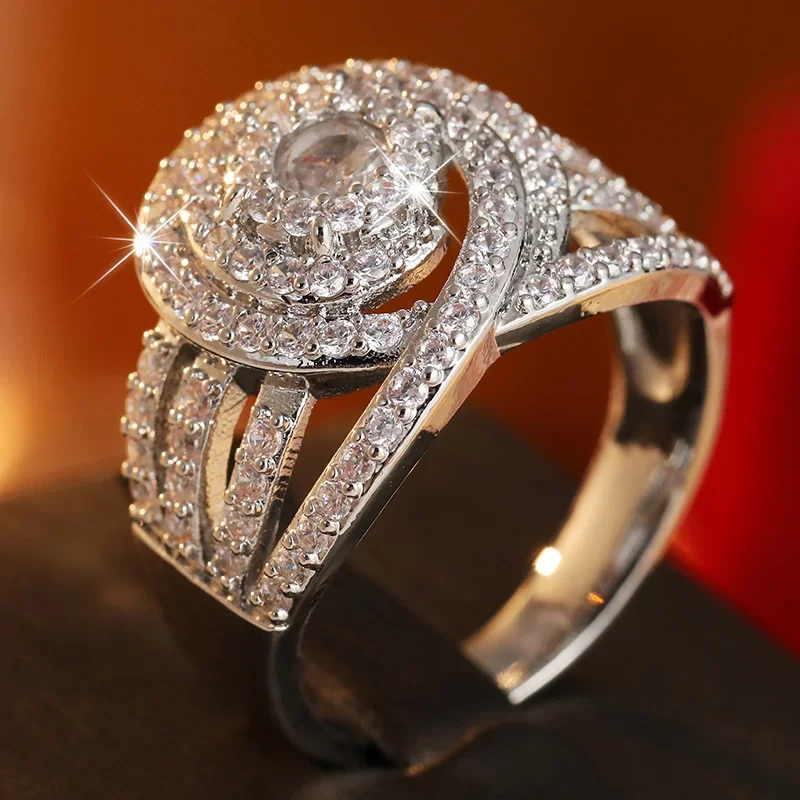Ladies' Spiral Hollowed Out Silver Plated Ring Inlay Cubic Zirconia Shining Brilliantly Ring Banquet party Jewelry Accessory