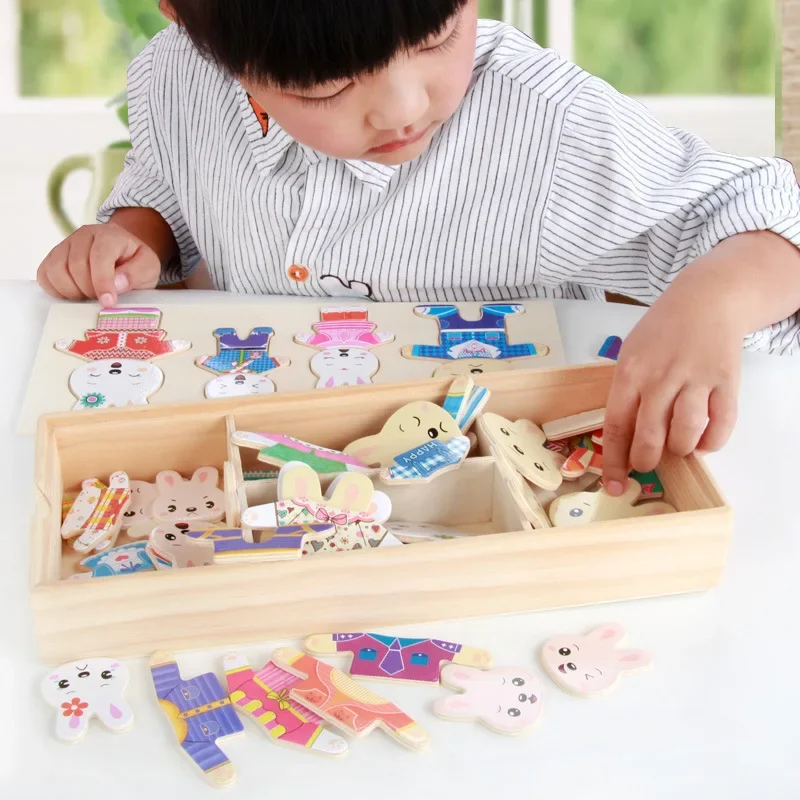 

Little Bear Change Clothes Children's Early Education Wooden Jigsaw Puzzle Dressing Game Baby Puzzle Toys For Children Gift