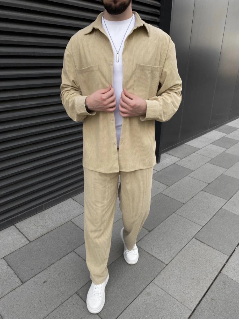 Men's Summer Fashion Corduroy Striped Casual Sport Shirt Long Sleeve Pure Color Pants Turn-down Collar Multi-pocket Outfit Set