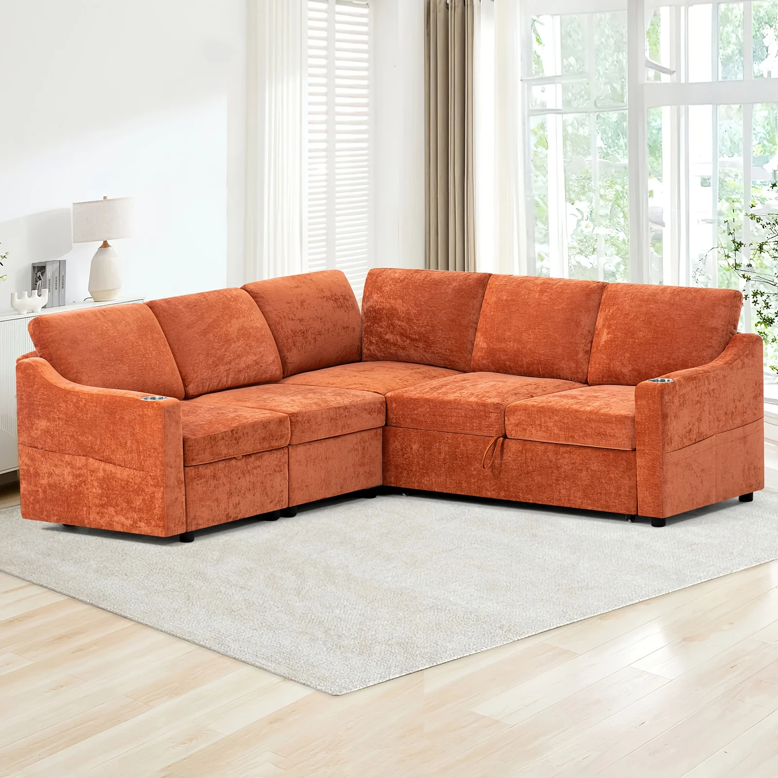 ACMEASE 84 Inches Chenille Sleeper Sectional Sofa, L Shaped Recliner Sofa with Storage & Adjustable Backrest, 5 Seater Sofa Bed