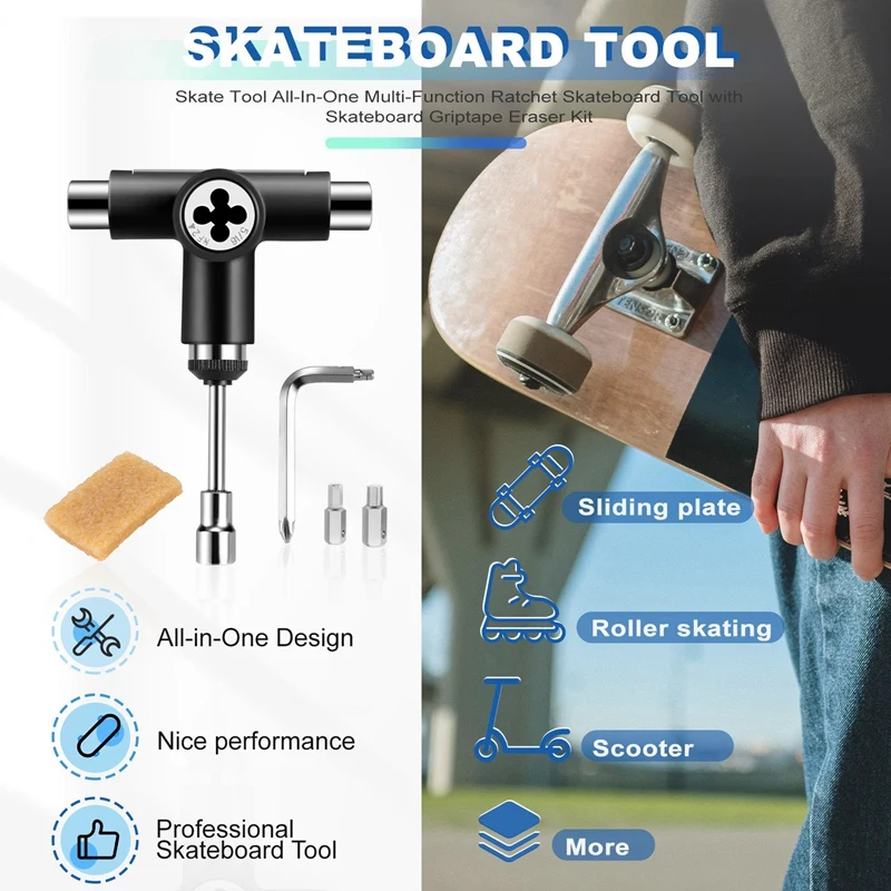 AA79 New Skate Tool Integration Multi-Function Ratchet Skateboard Tool With Skateboard Griptape Eraser Kit