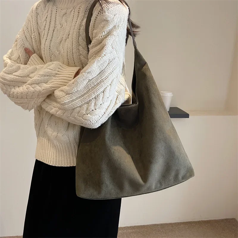 

England Style Suede Large Capacity Tote Bag Women Deep Colour Winter Fashion Collocation Upscale Handle Bag Casual Shoulder Bag