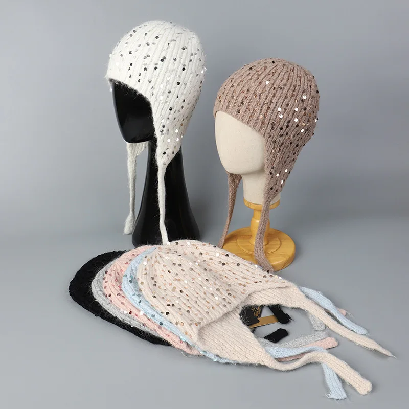 Winter Warm Sequins Rabbit Fur Knitted Bomber Hat Ear Protection Korean Solid Color Russia Style Long Streamer Strap Beanie Cap