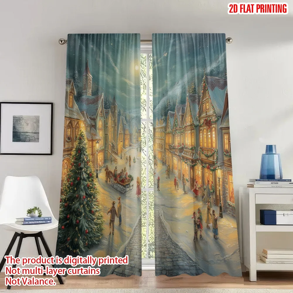 

2pcs 2D flat printing Happy Christmas Party Curtains Cozy Snowy Christmas Village Scene Digital Printed Polyester Drapes Party &