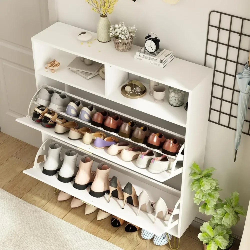 Large Shoe Storage Cabinet, Shoe Cabinet for Entryway Slim, Hidden White Shoe Storage with Open Shelf