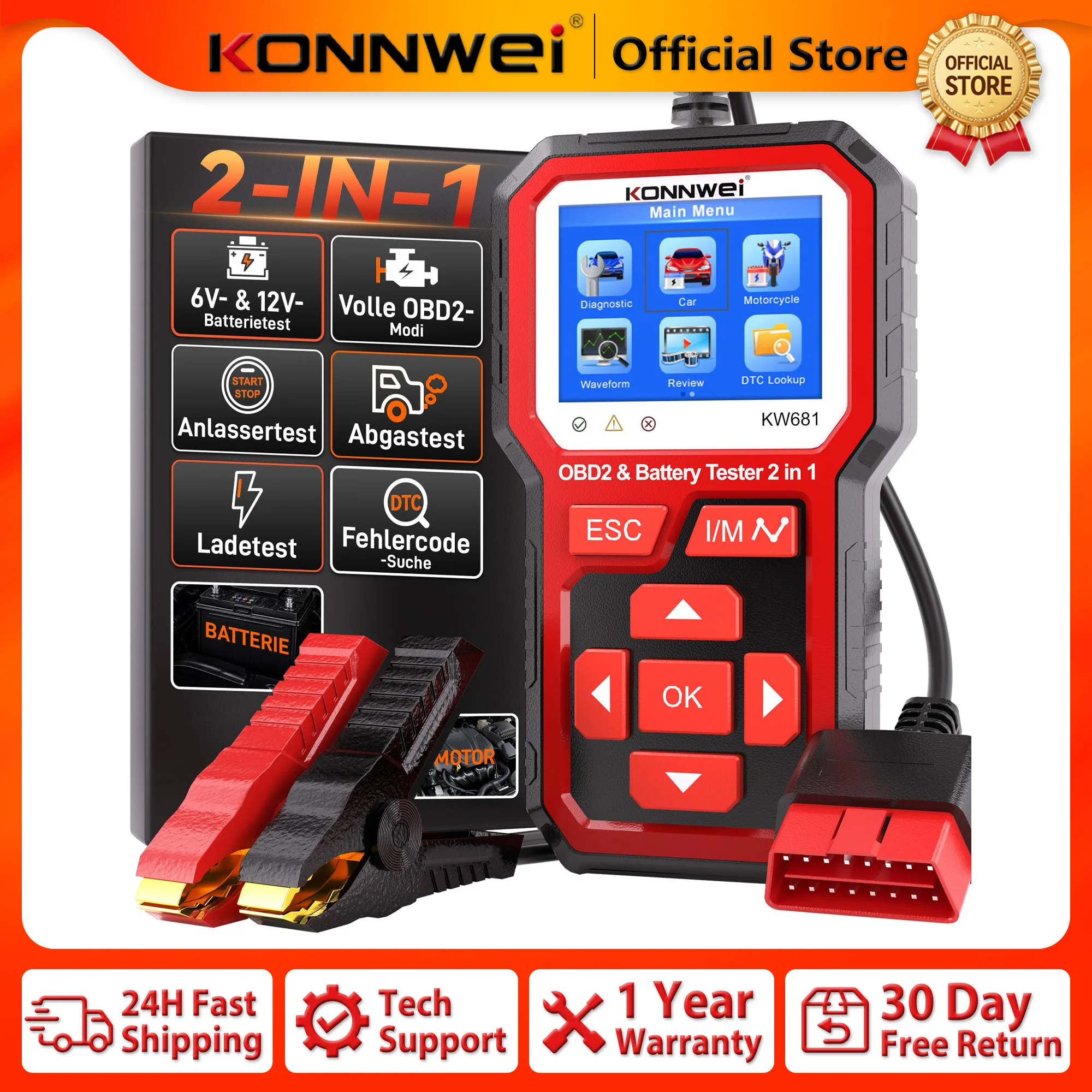 2026 KONNWEI KW681 2-in-1 Car/Moto OBD2 Scanner & Battery Tester 6V/12V Auto Diagnostic Tool Fault Clearing DTC Lookup Functions