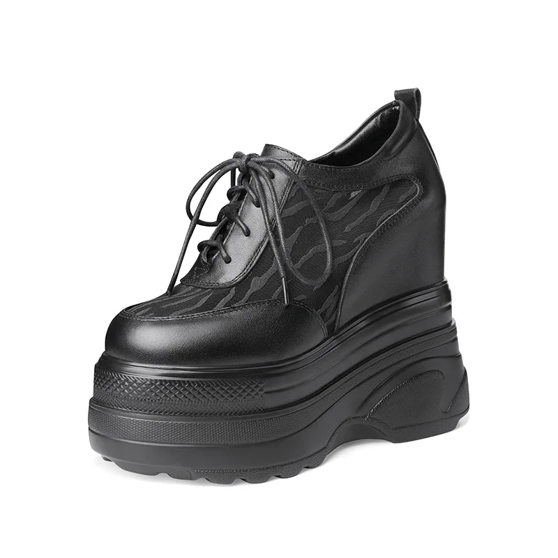 New 12CM Genuine Leather Autumn Women Casual Shoes Chunky Sneakers Platform Wedge Hidden Heel Women Leisure Shoes Spring Sneaker