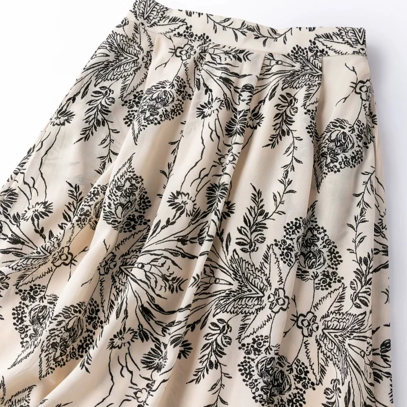 Birdtree, 100% Real Silk Print Skirt, Double Layer, Women's Double Crepe Pocket Skirts, Elastic Waist, 2026 Summer New D65102JF
