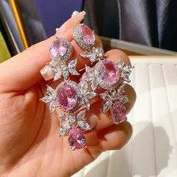 Temperament Light Luxury Exaggerated Heavy Industry Long Earrings High-grade Feeling Colored Zircon Flower Women's Earrings