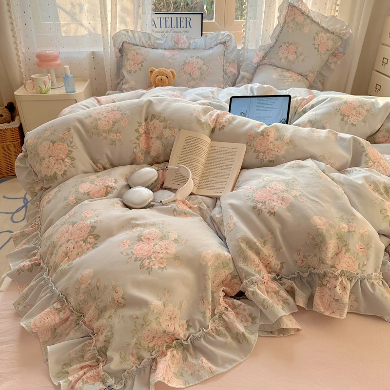 Soft Bedding Set Floral Style Bedclothes Ruffles Duvet Cover Set with Bedsheet Home Print Bed Linen Set постельное белье наборы