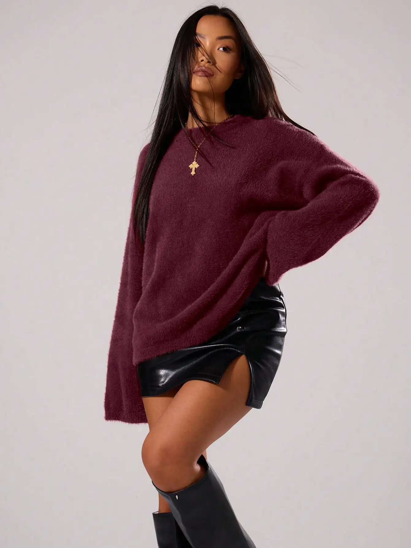 

Меховой свитер оверсайз с круглым вырезом для осени и зимы в стиле Y2K, шикарный повседневный наряд для фестивалей