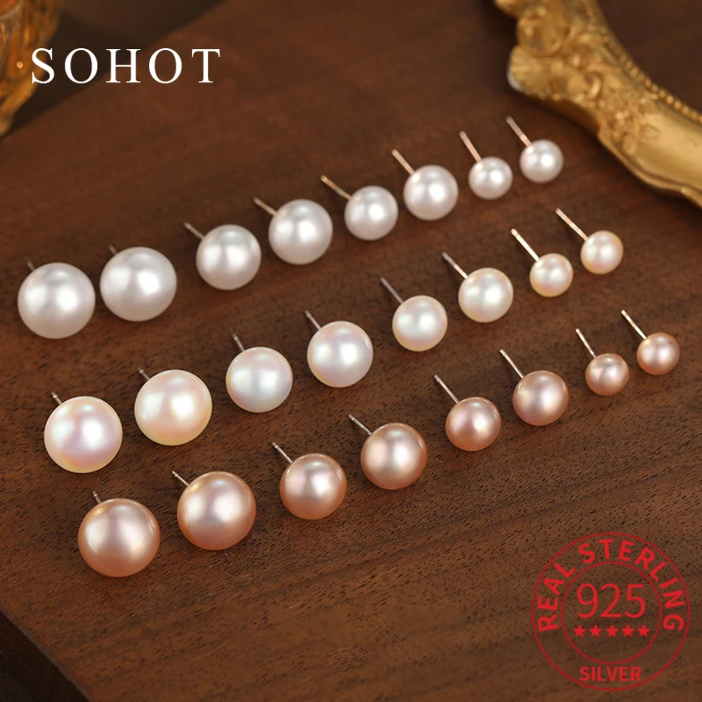 Real 925 Sterling Silver 8/10/12/14 MM Pearl Stud Earrings for Women Minimalist Trendy Fine Jewelry Round Accessories