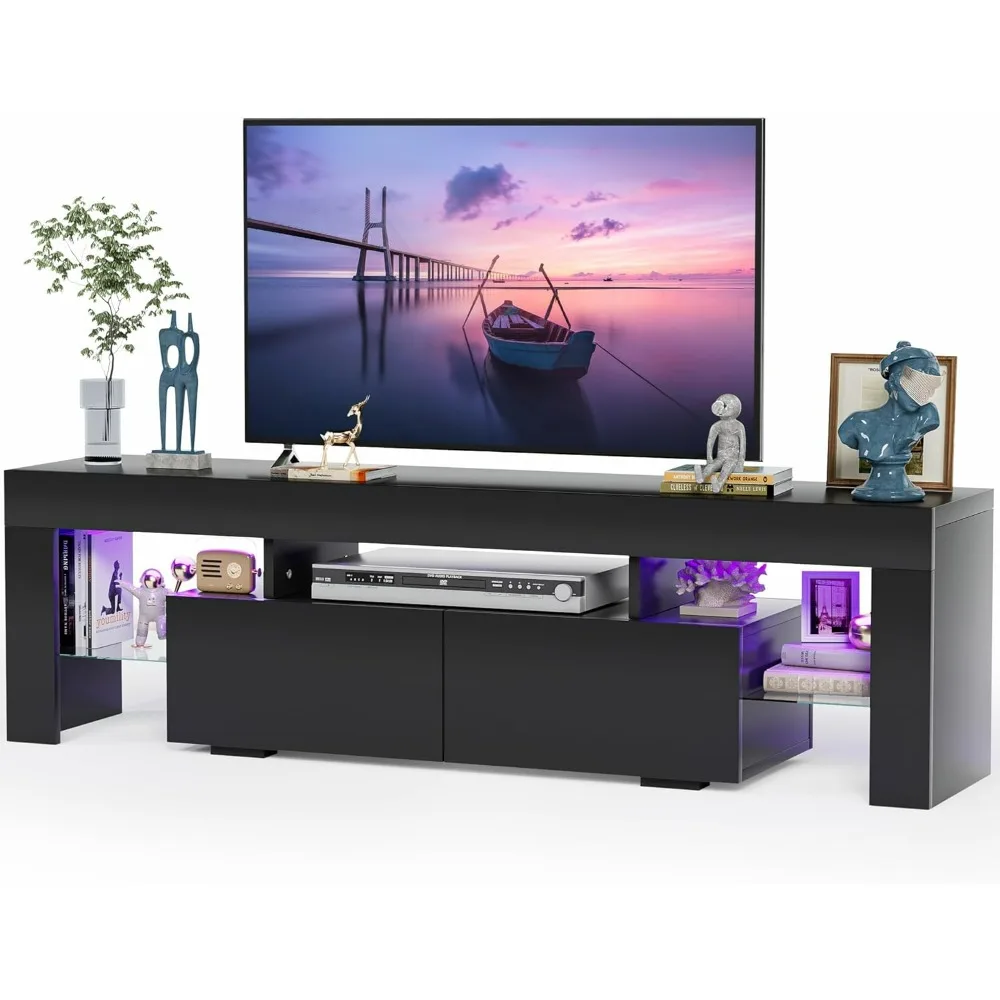 

TV Stand, Modern Lighting TV Cabinet Entertainment Center Media and Open Shelf, TV Console Table with 1 Drawer and Remote