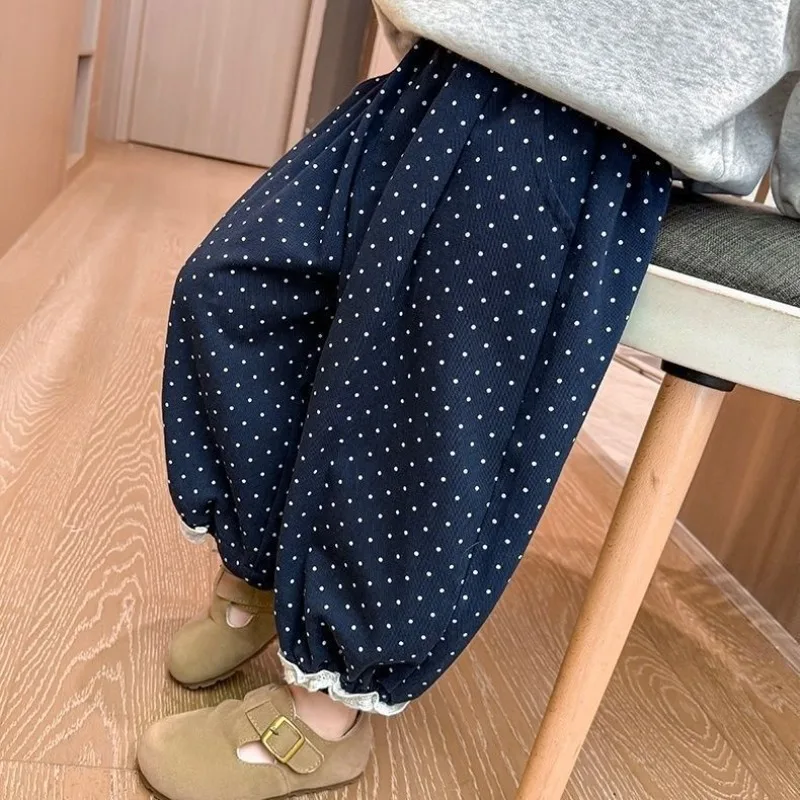 Ins Children Girls Lace Pants RAISE 2026 Autumn 2-8Yrs Kids Girls Dot Pants Loose Elastic Waist Infant Babys Girls Lantern Pants
