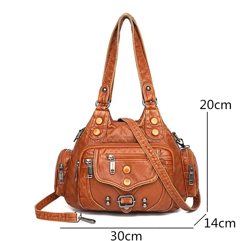Vintage Large Capacity Women's Shoulder Bag with Side Pockets Anti-Theft Zipper Mom Bag Soft Polyester Lining PU Leather Materia