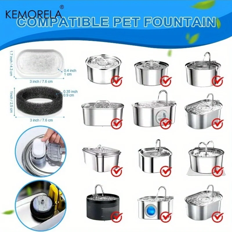 Kemorela 20 peças filtros de esponja de carbono ativado para fonte de água de gato para dispensador de água de aço inoxidável acessório de cuidados com animais de estimação