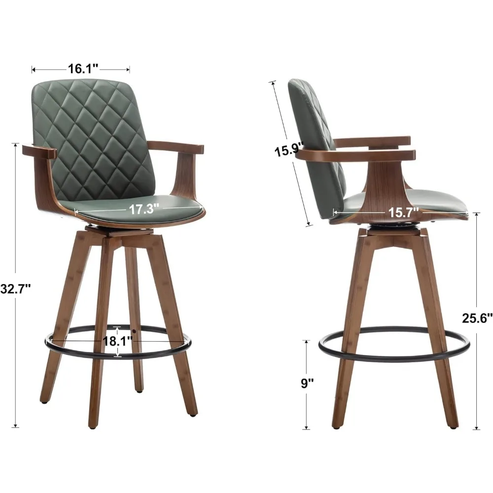 2-Piece Barstool Set with Upholstered Faux Leather Counter Height Barstool, Swivel Barstool, 25.6-Inch Seat Height (Green)