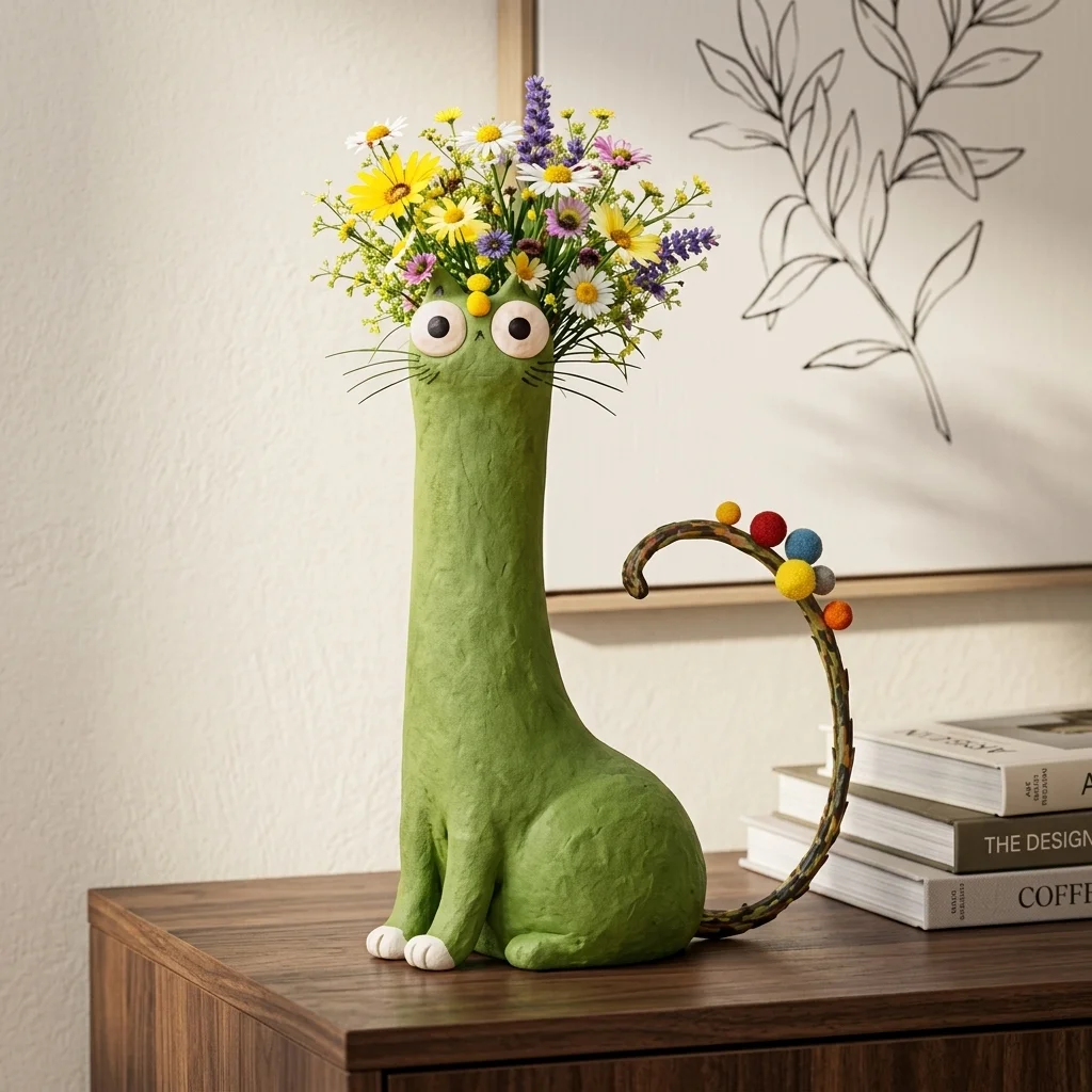 Cute Kitten Vase Ornaments Art Animal Sculpture Ornaments Home Desktop Flower Arrangement Resin Vase Study Porch Decorations