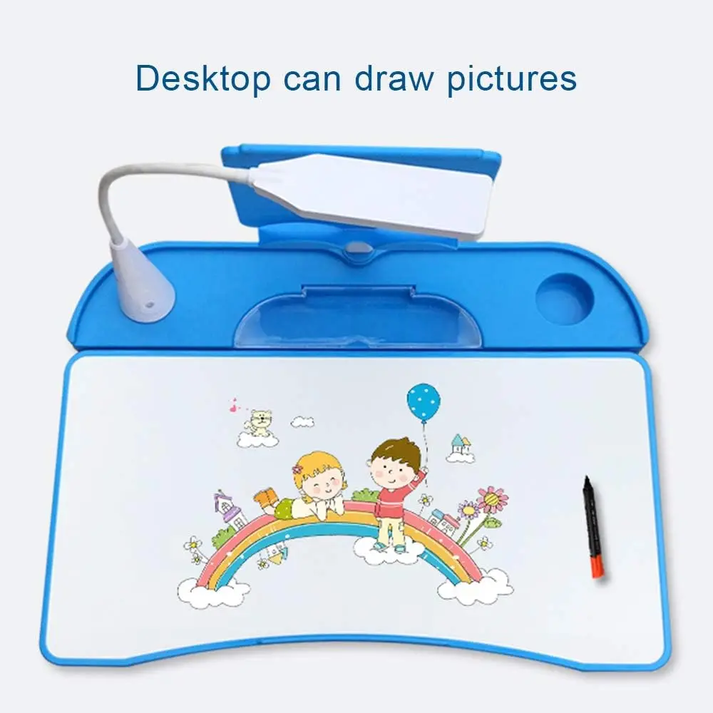 مجموعة مكتب وكرسي للأطفال، مكتب دراسة مدرسي للأطفال قابل للتعديل الارتفاع مع سطح مكتب مائل، حامل كتب، مصباح LED، خطاف معدني #5