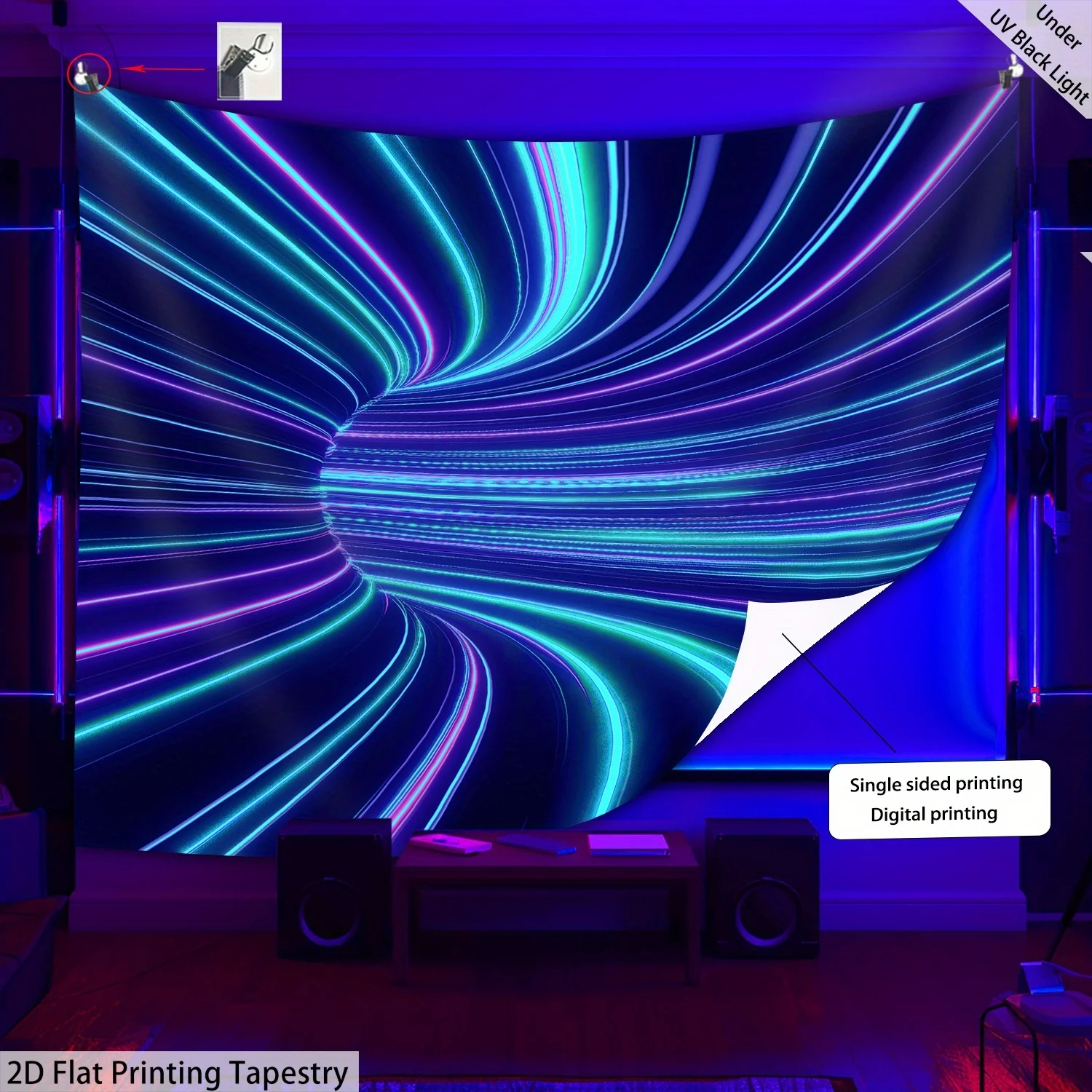 VIKAMA Neon Vortex Tunnel Tapestry Colorful Light Psychedelic Spiral Print Wall Hanging Gaming Bedroom Dorm (ABU-025)