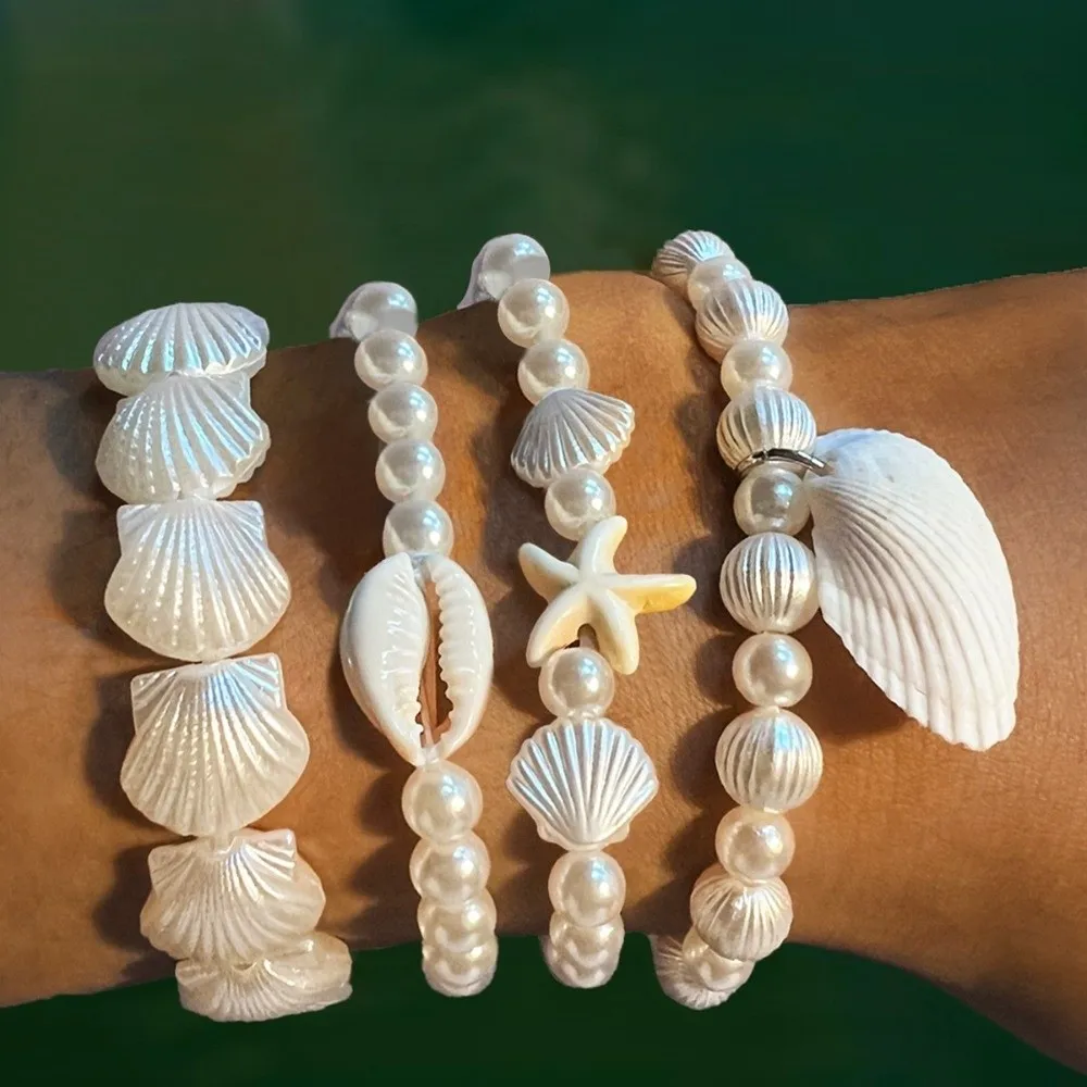 4Pcs/Set Multilayer Shell Pendant Bracelets Imitation Pearl Bohemian Conch Beaded Bangles Starfish Wrap Charm Hand Chain Jewelry