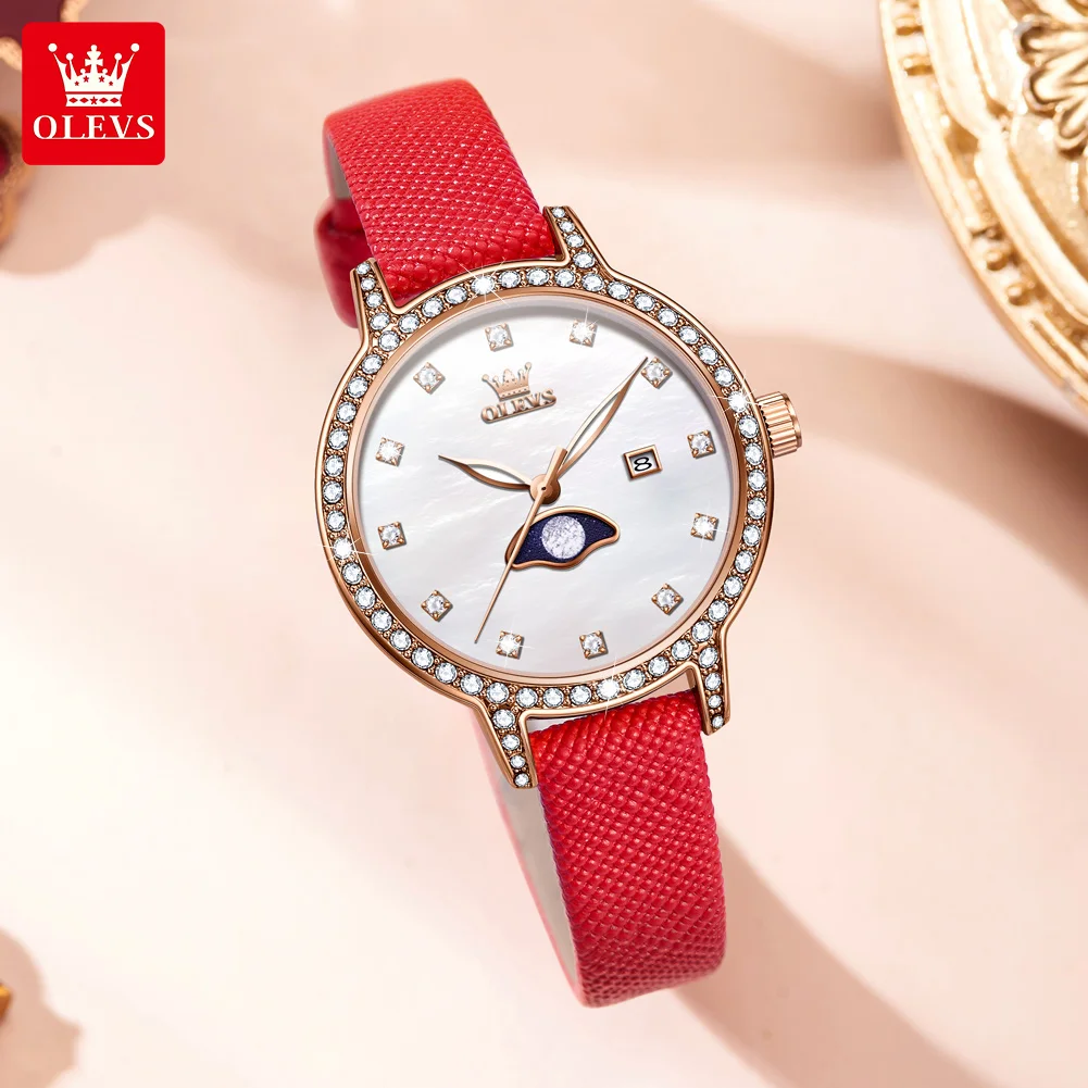 OLEVS 5597 Leather Strap Luxury Diamond Lap Original Quartz Watch for Women Moon Phase Waterproof Elegant Ladies Wristwatch Gift